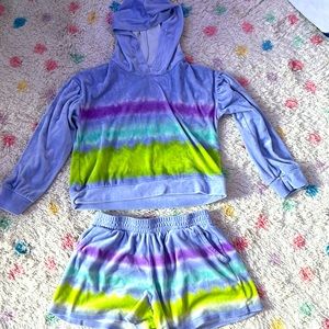 Mostly purple two piece set long sleeve with hood and shorts good condition